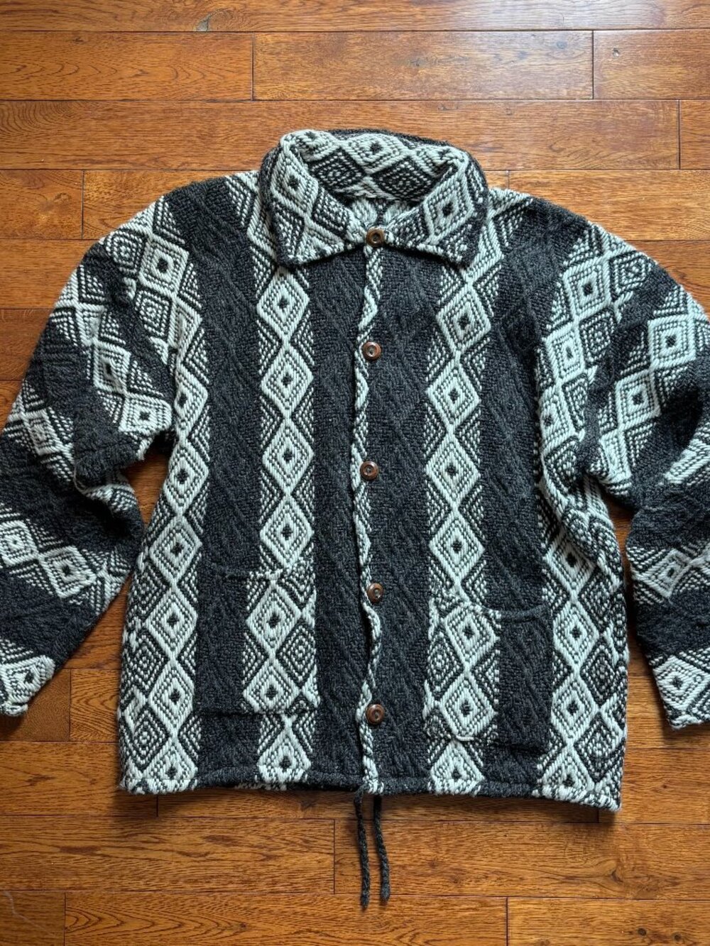 Unique Handwoven Wool Jacket with Wooden Buttons